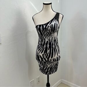 Solar Women’s  One Shoulder Cocktail Dress Black Zebra Print Glitter Detail Sz S